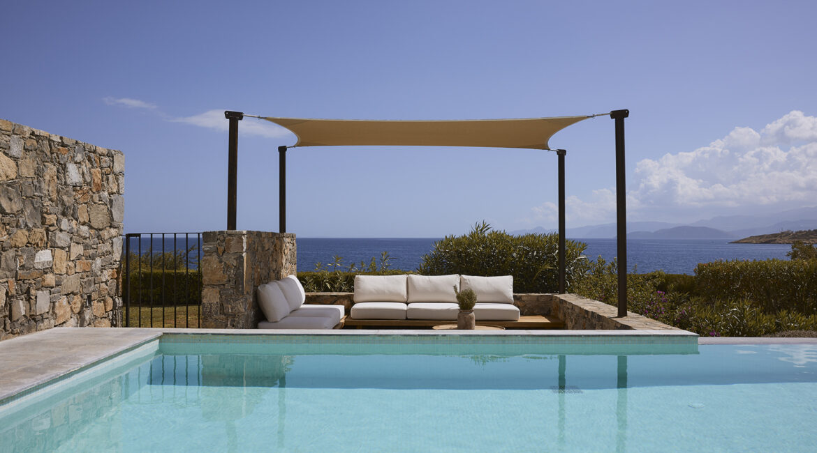 Thalassa 3 bedroom villa private pool at St Nicolas Bay, Crete with outdoor dining terrace and coastal views