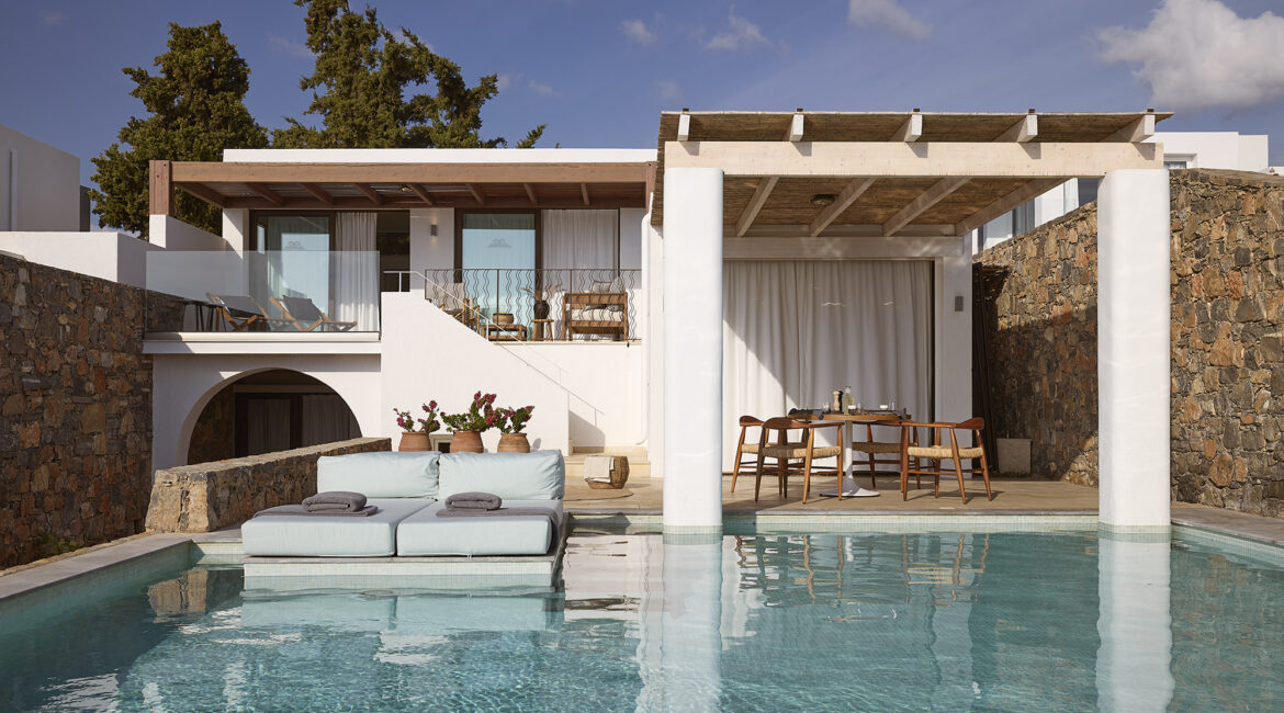 Thalassa 3 bedroom villa private pool at St Nicolas Bay, Crete with seafront terrace and infinity pool