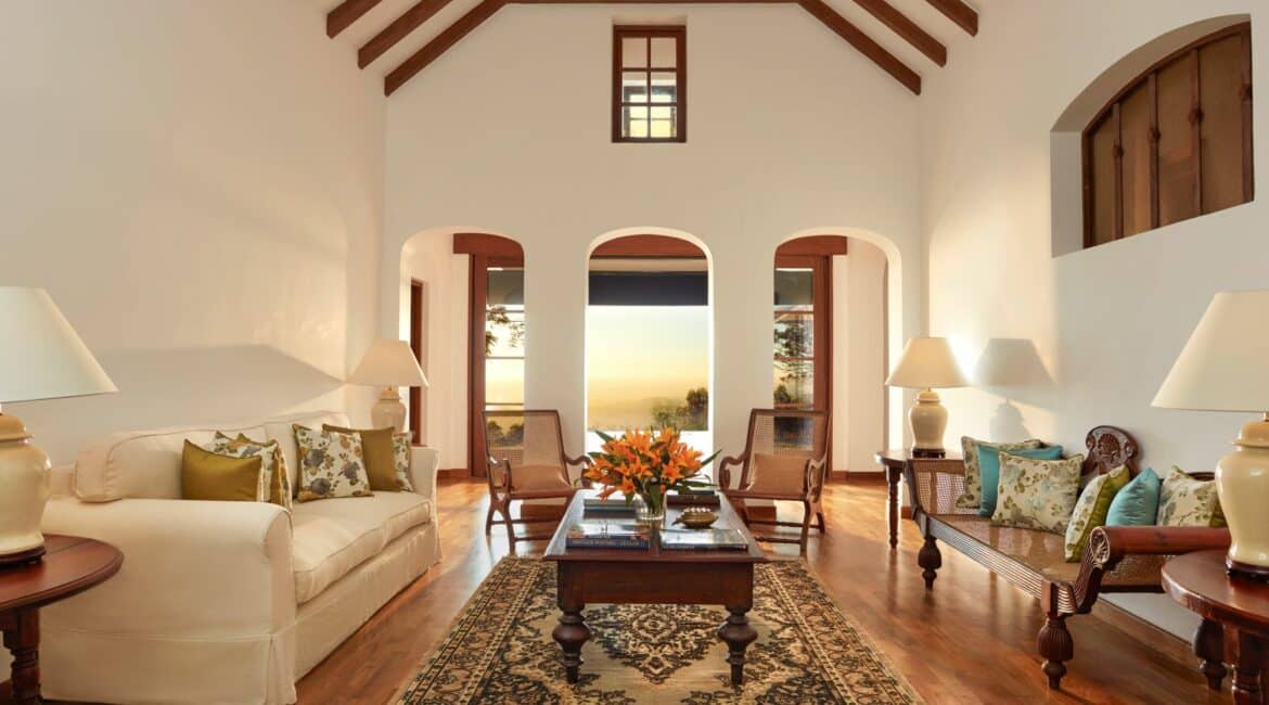 Elegant interior at Thotalagala with sunset views through open doors in Sri Lanka’s Hill Country