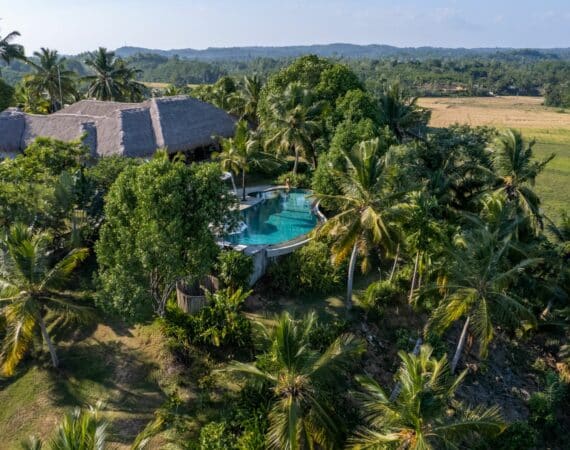 Tekanda Lodge by day aerial footage jungle and paddy setting