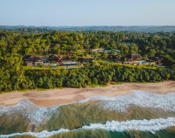 Untamed Sri Lankan coastline – wild beach edged with dense jungle, where golden sands meet lush greenery and the Indian Ocean.