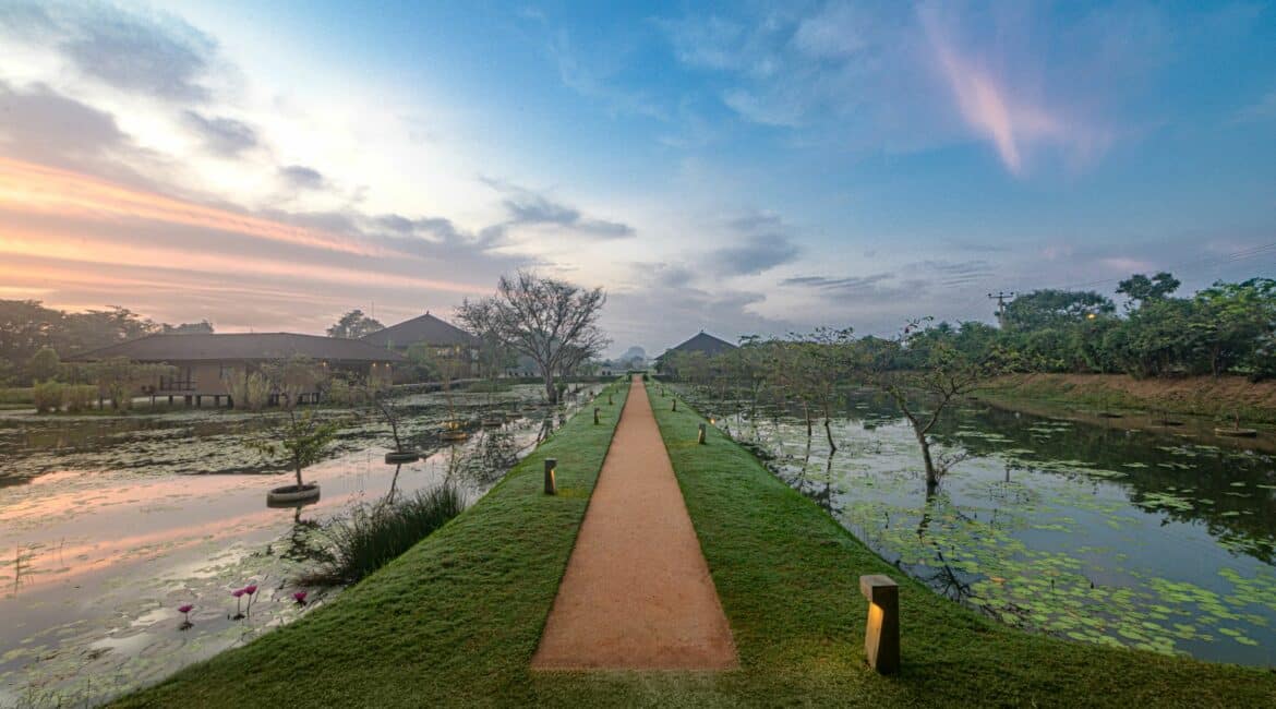 Serene morning light over Water Garden Sigiriya’s tranquil walkways, surrounded by water gardens and lush greenery in Sri Lanka’s Cultural Triangle
