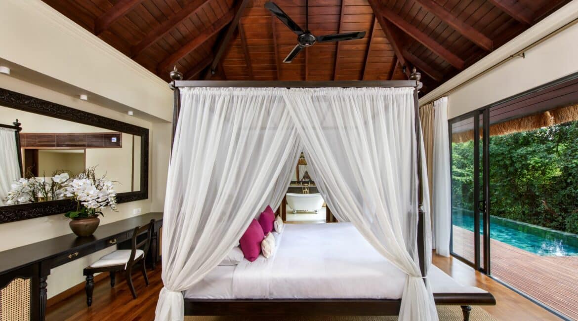 Elegant double bedroom in the Deluxe Pool Villa at Uga Ulagalla – luxury boutique villa in Sri Lanka’s Cultural Triangle