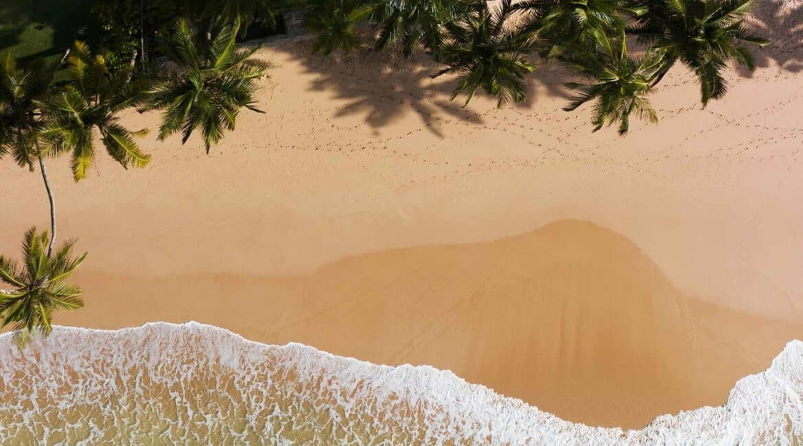 KK Beach, Sri Lanka – aerial view of waves rolling onto the golden shoreline backed by palm trees