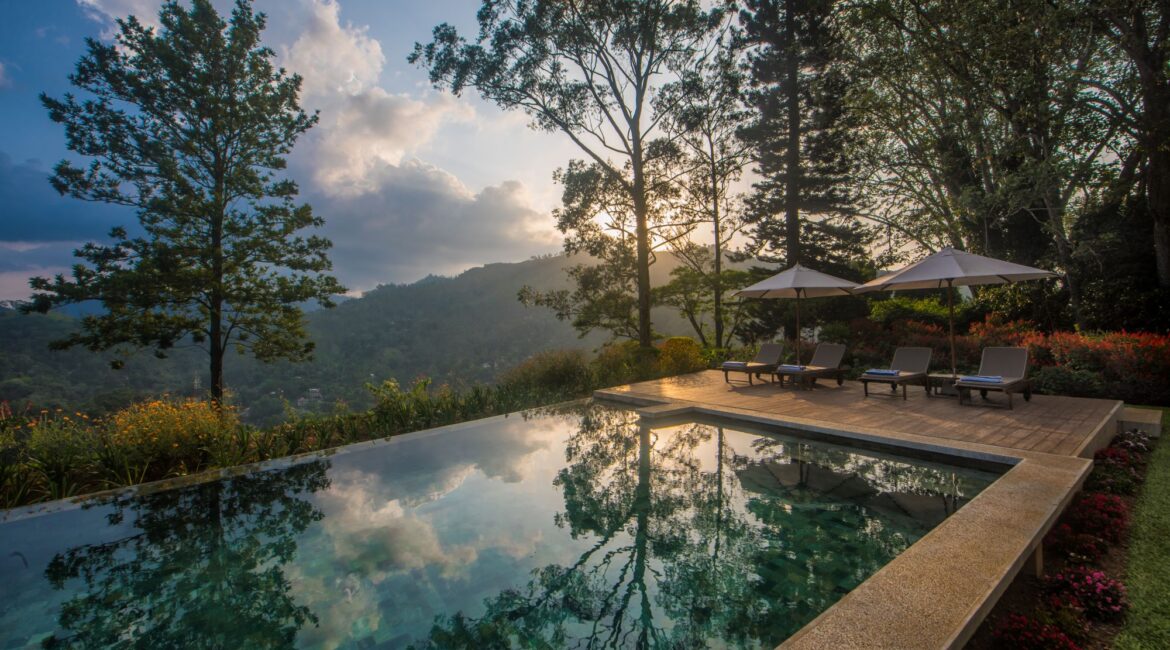 Nine Skies stunning siwmming pool surrounded by beautiful gardens in the heart of the hill country