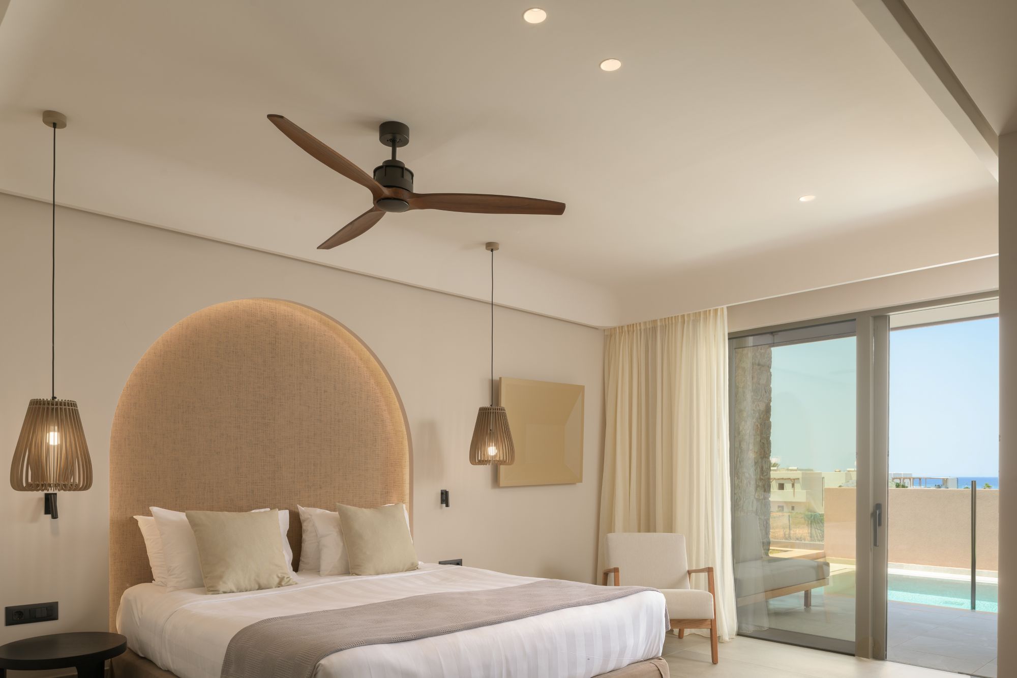 Paralos Venus Suites Crete Junior Suite Private Pool Sea View beautiful soft furnishings and comfy bedroom