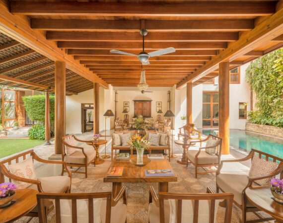 Stunning exteriors of ISHQ Colombo, Sri Lanka – boutique hotel with tranquil pool and open-air sitting areas, offering refined luxury near the heart of the city.