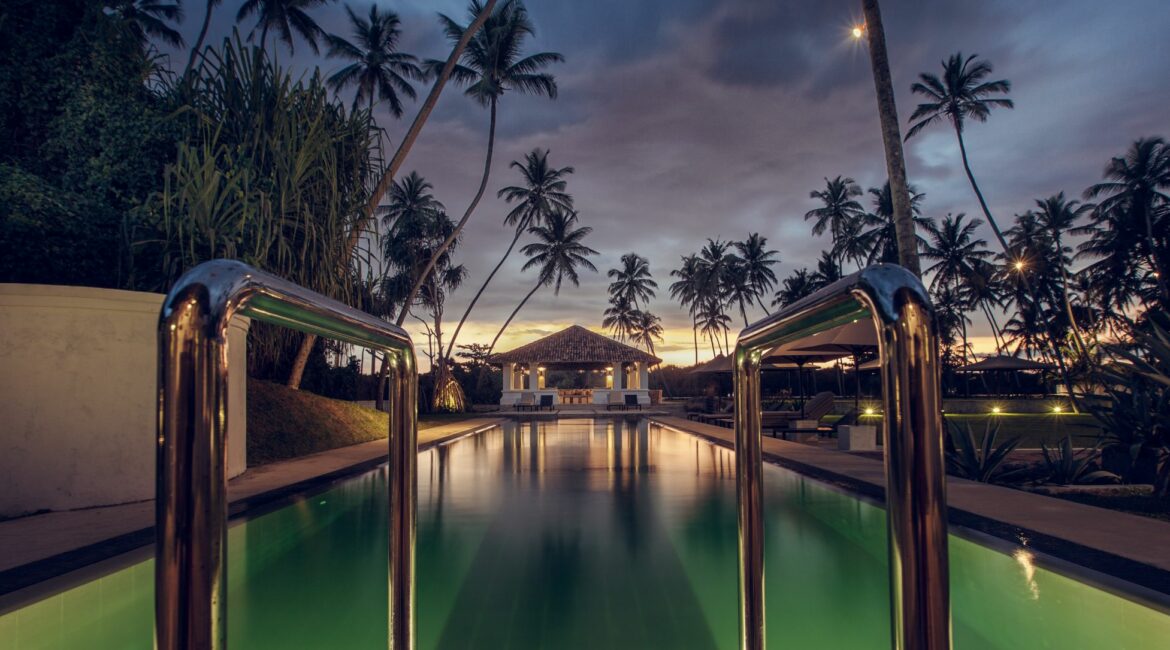 The Villa Bentota main swimming pool by sunset