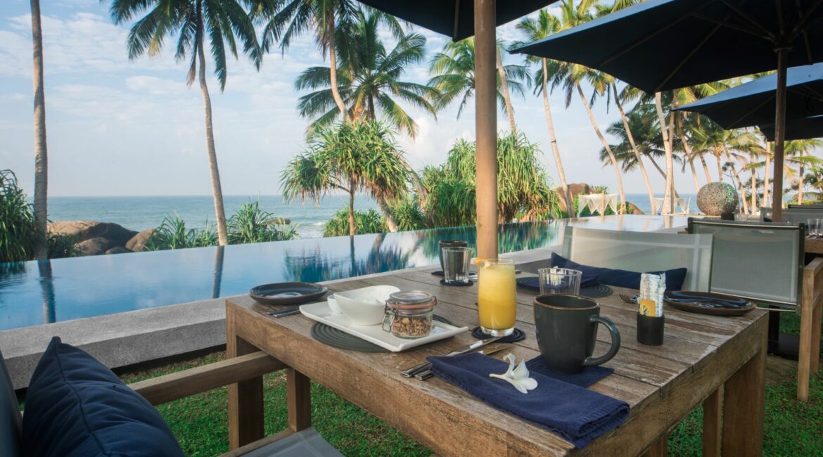 Kumu Beach Balapitiya Sri Lanka dining next to the swimming pool