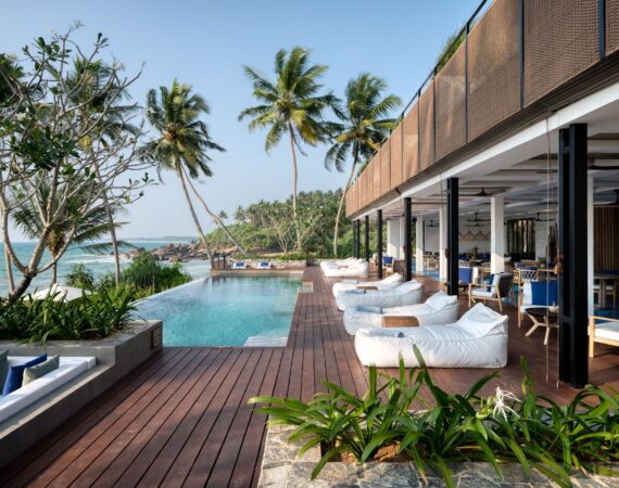 Glorious alfresco living at Ahu Bay Sri Lanka with poolside and beachside seating areas overlooking the Indian Ocean.