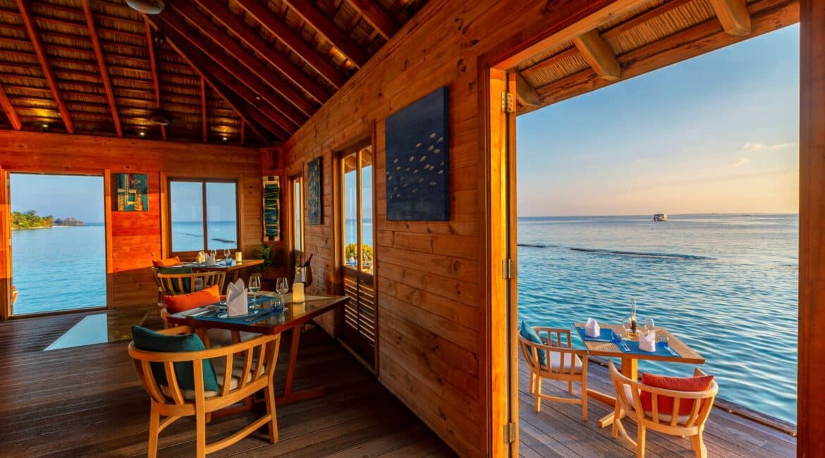 Komandoo Island Resort & Spa Aqua Restaurant Interior and dreamy Indian Ocean Views