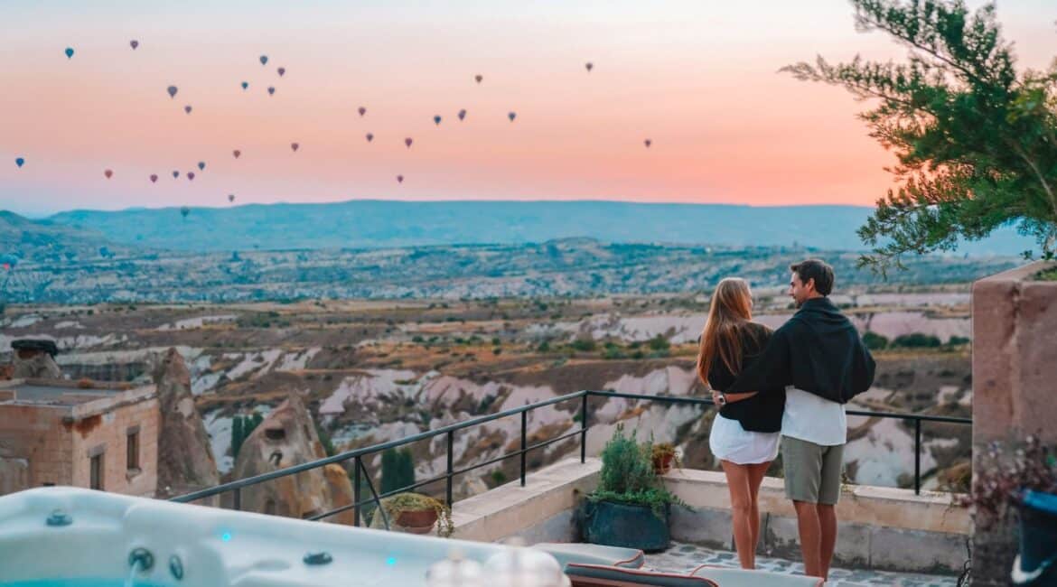 Taskonaklar Hotel views from a balcony with a jacuzzi over the pigeon valley in Cappadocia