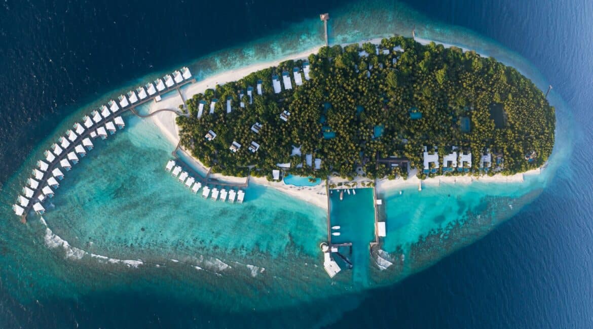 Drone view of Amilla Maldives Resort in Baa Atoll