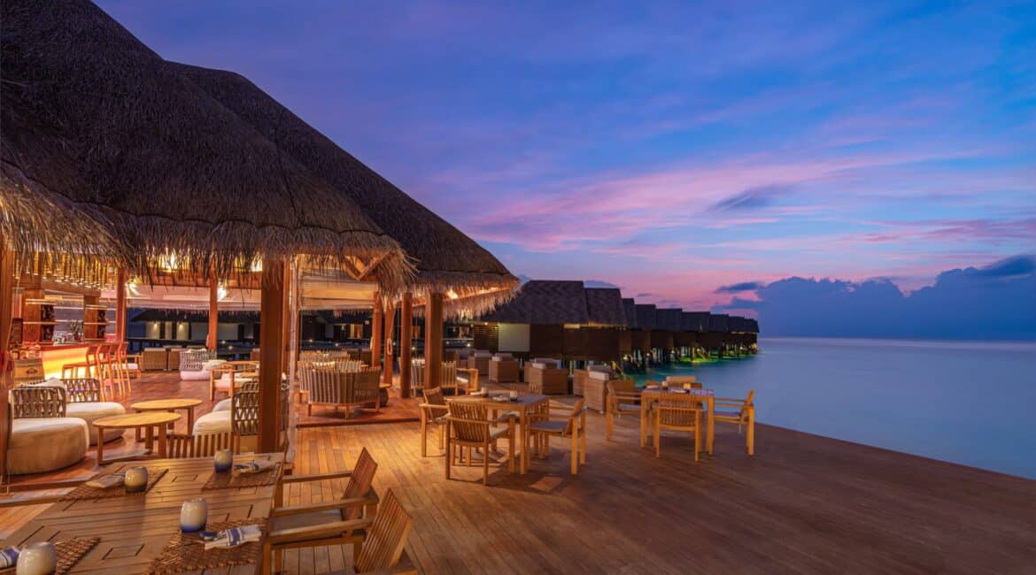 Ralu Bar & Lounge and pinky sunset skies Heritance Aarah Hotel Maldives