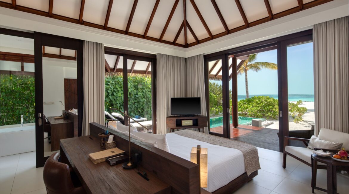 Heritance Aarah Hotel Two Bedroom Family Pool Beach Villa stunning interiors with a backdrop of the swimming pool and Indian ocean