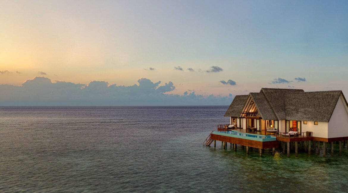 Heritance Aarah Beach Villa Ocean Residence With Infinity Lap Pool aerial footage of the suite and its position over the Indian Ocean