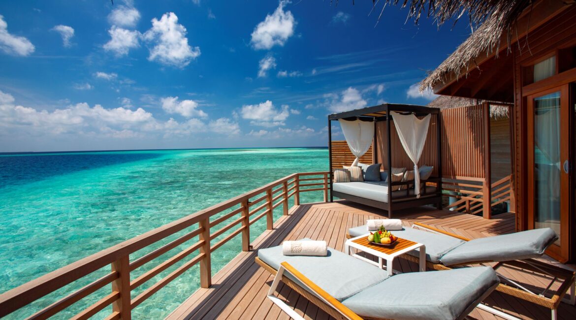 Baros Maldives Water Villa bright turquoise seas and beautiful terraces