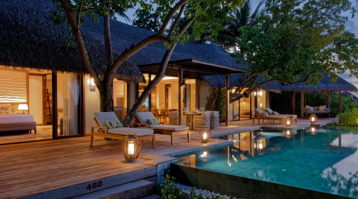 Baros 2 bedroom retreat with private pool by night in the Maldives