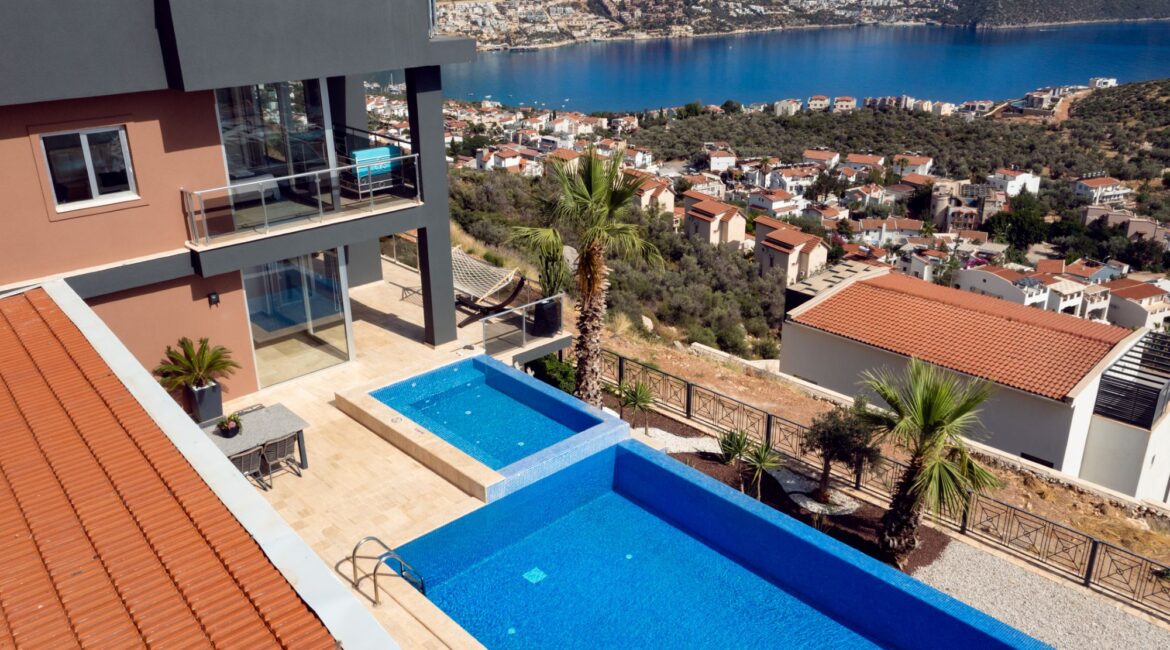 Villa Kayra in Kalkan drone footage over the swimming pool and accross the bay