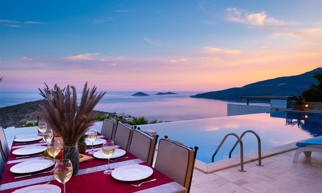 Villa Kayra in Kalkan manicured surrounds and stunning sunset swimming pool and alfresco living