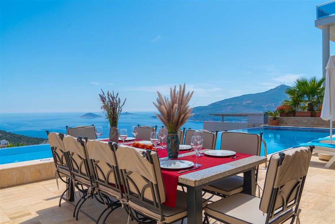 Villa Kayra in Kalkan alfresco dining area overlooking the swimming pool and with far reaching sea views
