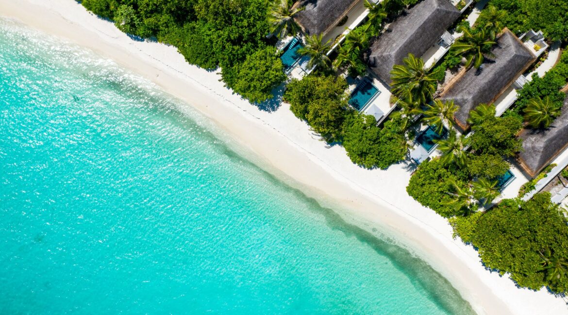 Finolhu Maldives Luxury Resort Aerial Shot Of The Villas on the beach