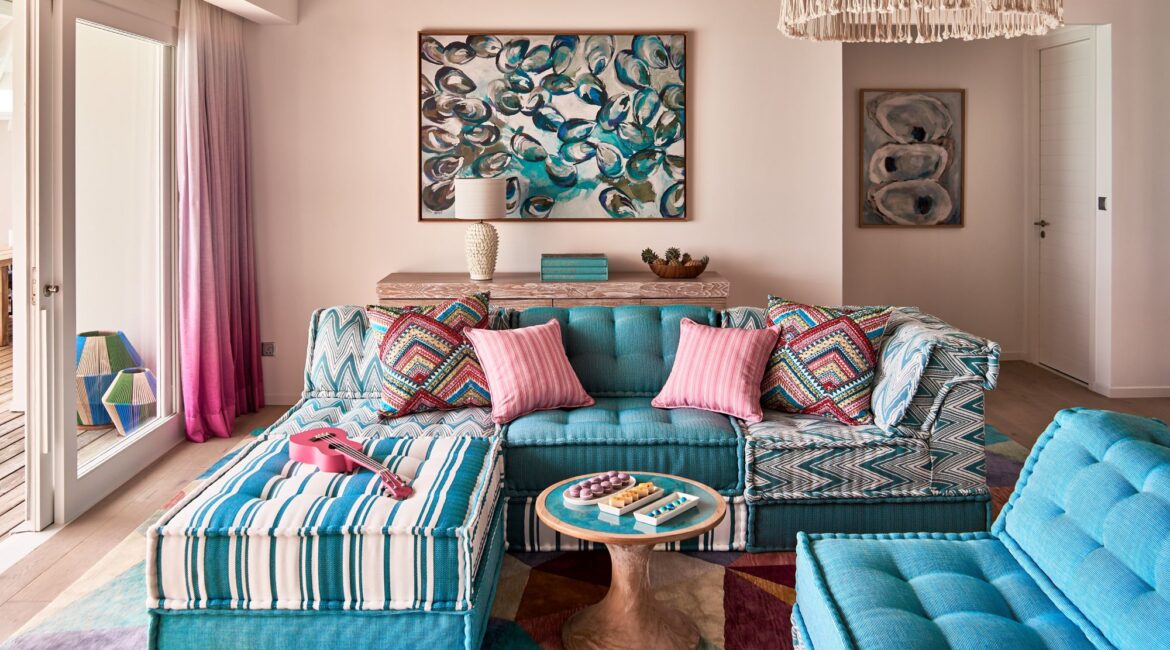 Two-Bedroom Rockstar Villa - Living Area stunning colourful interiors Finolhu Maldives Luxury Resort