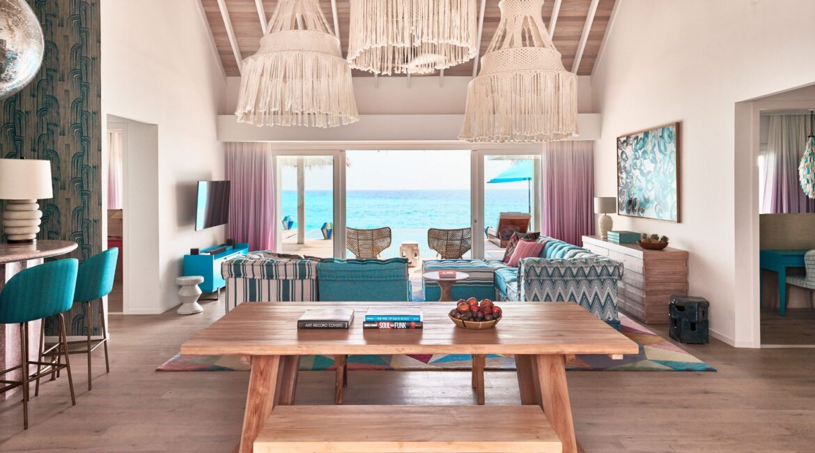 Two-Bedroom Rockstar Villa - Living Area with ocean view colourful interiors Finolhu Maldives Luxury Resort
