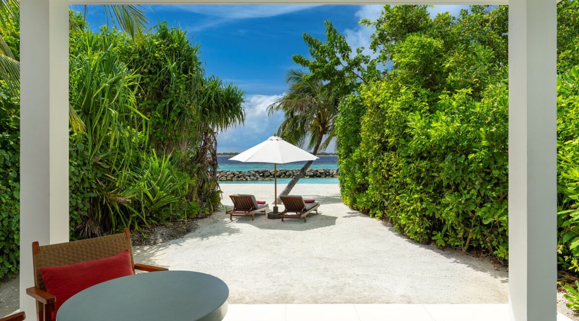 Dhigali Maldives Beach Bungalow glorious outside space leading onto the beach