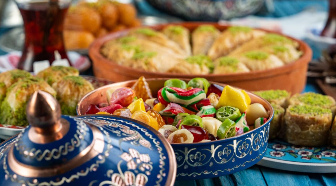 Baklava Turkish delight and turkish cay at a cafe in Sultan Ahmet Istanbul Turkey