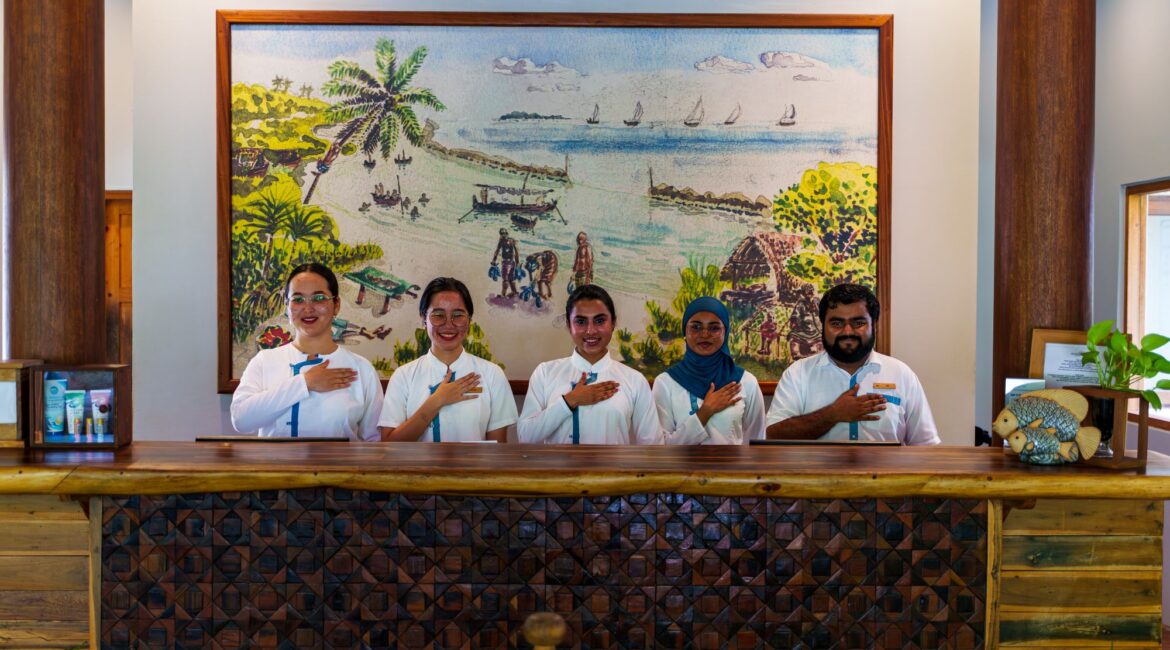 Reethi Faru Resort reception and wonderfully friendly team at reception