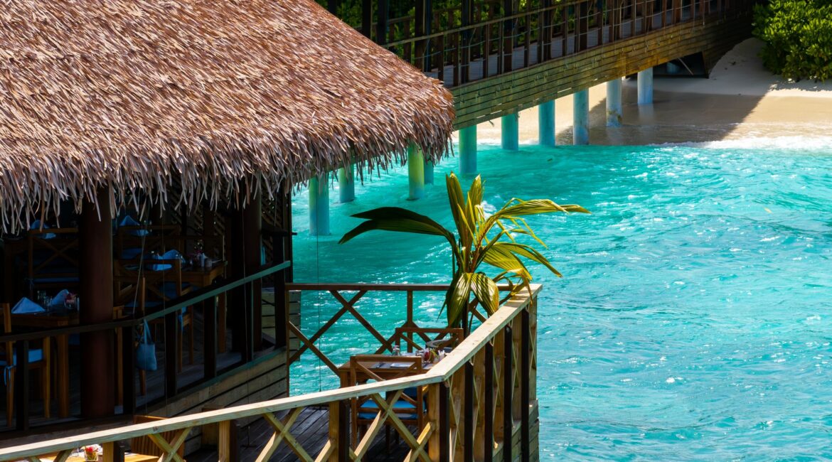 Dhiyavaru Restaurant and Bar with views over the Indian ocean in the Maldives