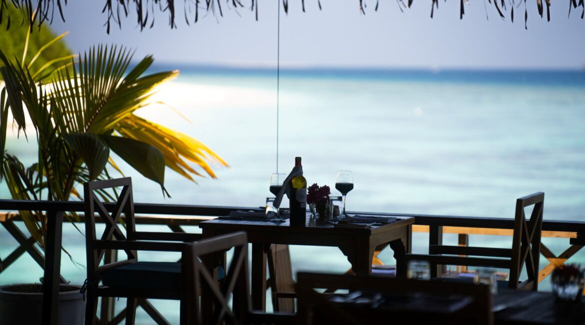 Dhiyavaru Restaurant waterside dining overlooking the Indian Ocean in the Maldives