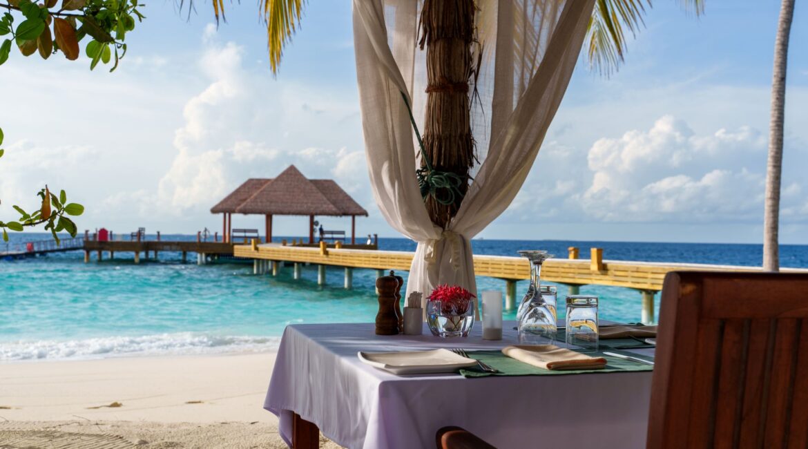 Stunning beachside dining at Veggie and Vegan Reethi Faru Resort in the Maldives