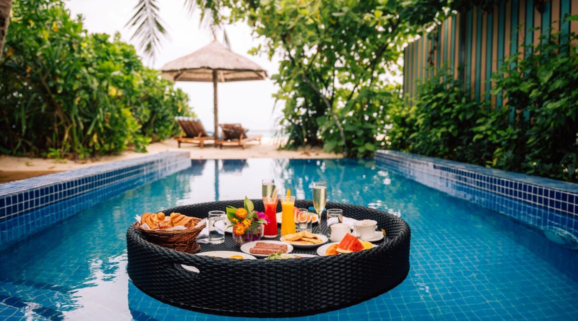 Reethi Faru Resort Maldives Deluxe Beach Pool Villa floating breakfast