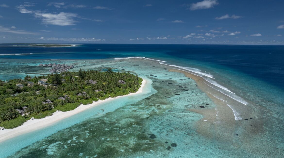 Aerial Perspective of Six Senses Laamu’s Jetty and Turquoise Waters