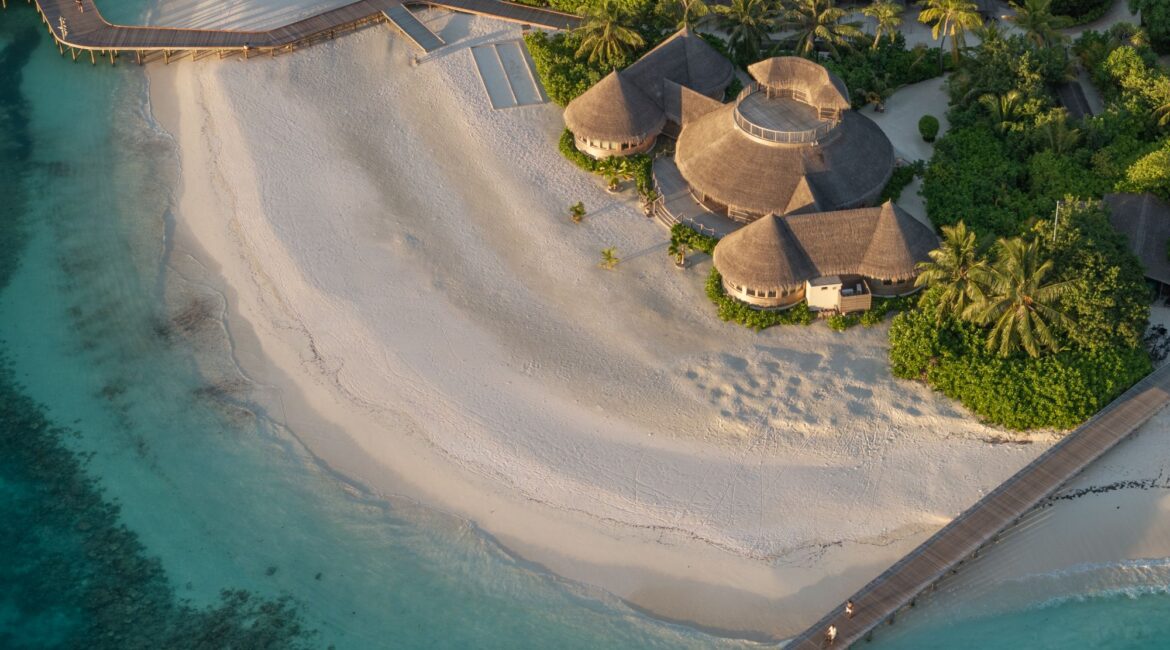 Aerial View of Six Senses Laamu Island and its Pristine White-Sand Shores