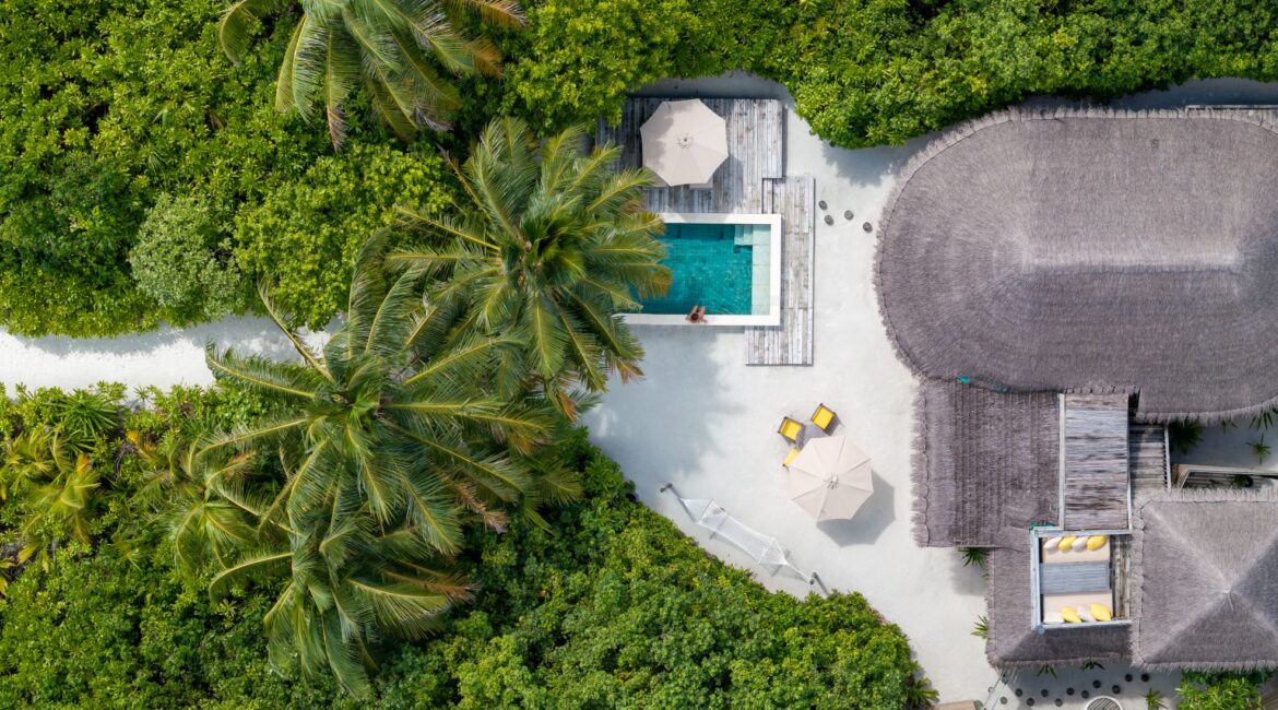Aerial Footage Family Ocean Beach Villa With Pool Six Senses Laamu Maldives