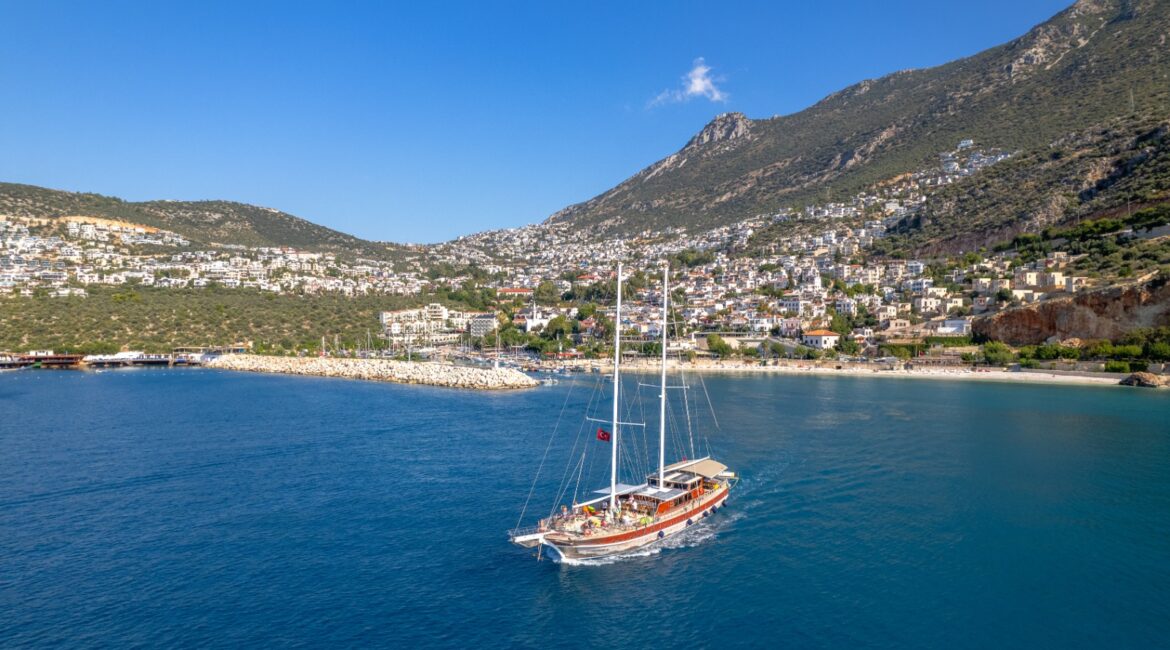 Panoramic view of Kalkan harbour and hillside villas on Turkey’s south-west coast