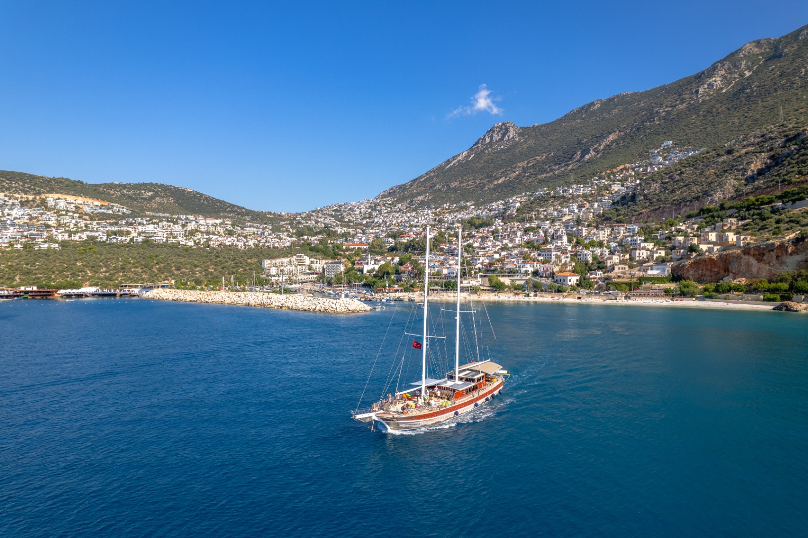 Panoramic view of Kalkan harbour and hillside villas on Turkey’s south-west coast