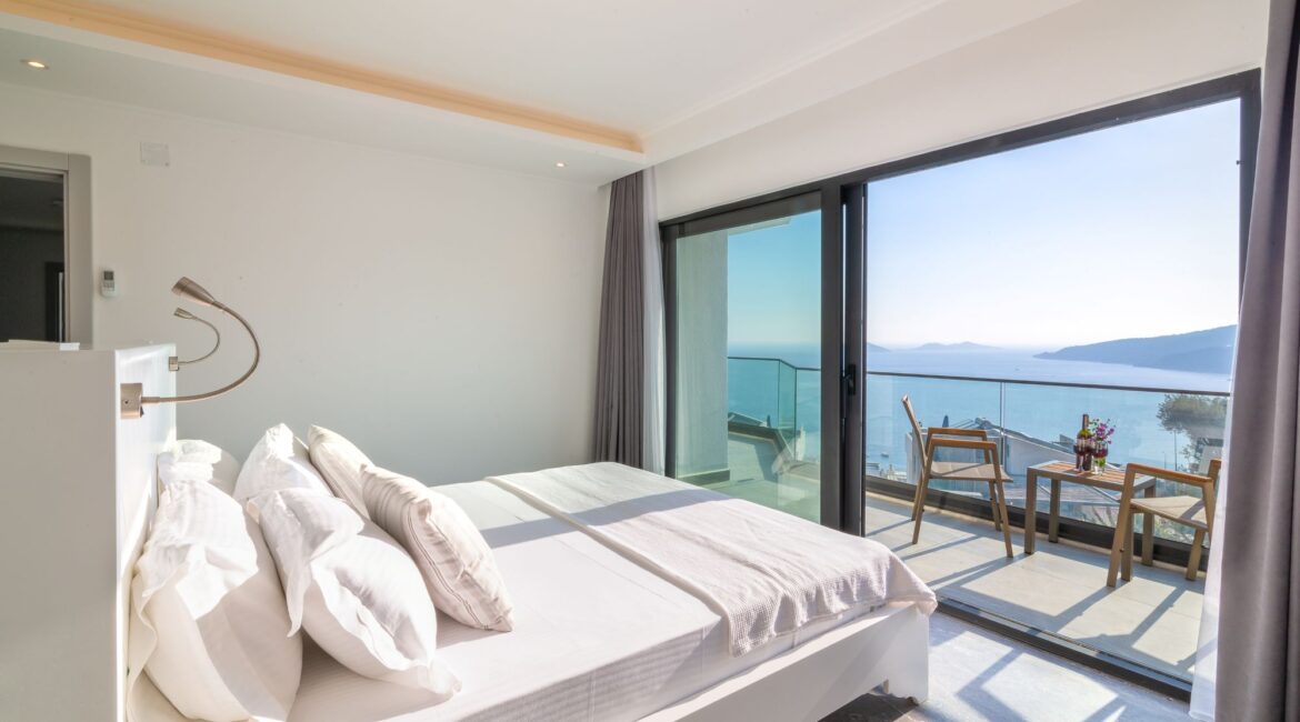 Bright double bedroom at the Olive House in Kalkan, Turkey