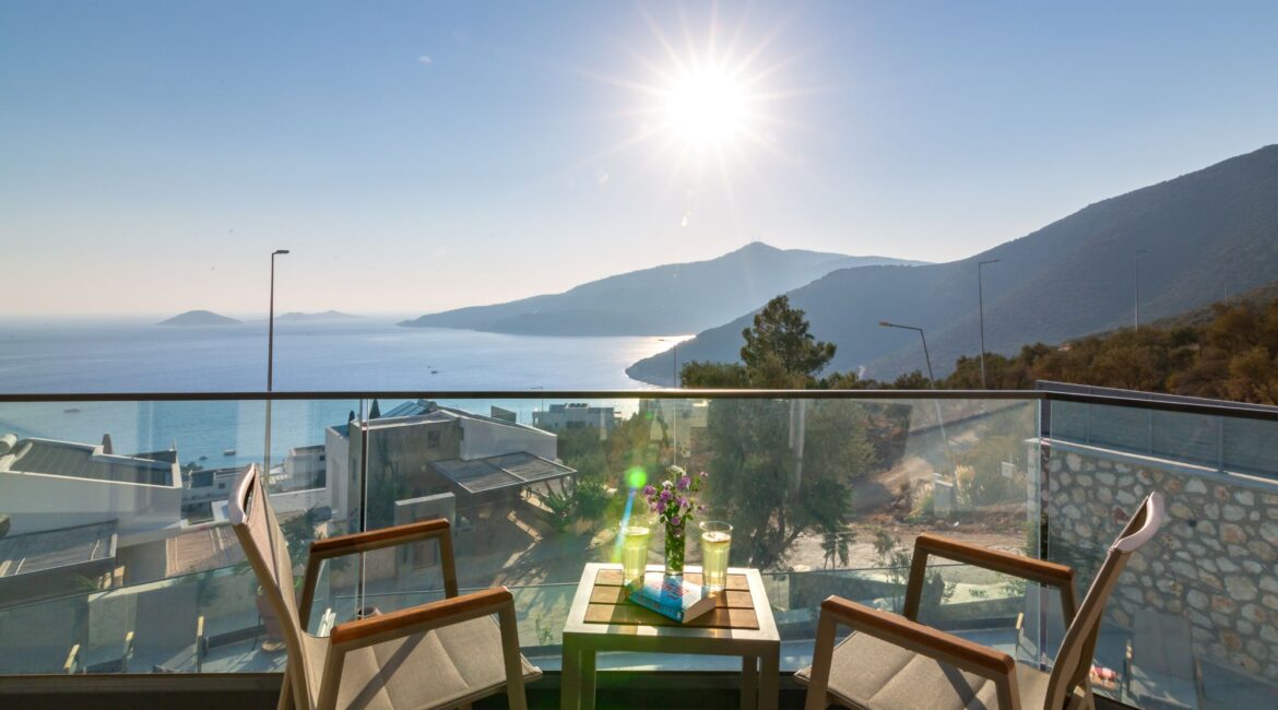 Glorious sea views from a furnished bedroom balcony at the Olive House in Kalamar Bay