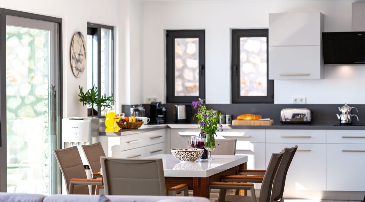 Modern kitchen and dining room at the Olive House in Kalkan Turkey