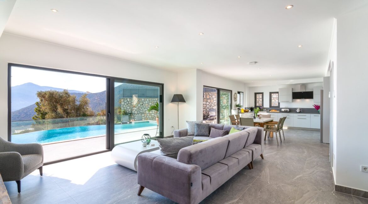 Olive House elegant seating area with pool views and far reaching sea views Kalkan Turkey