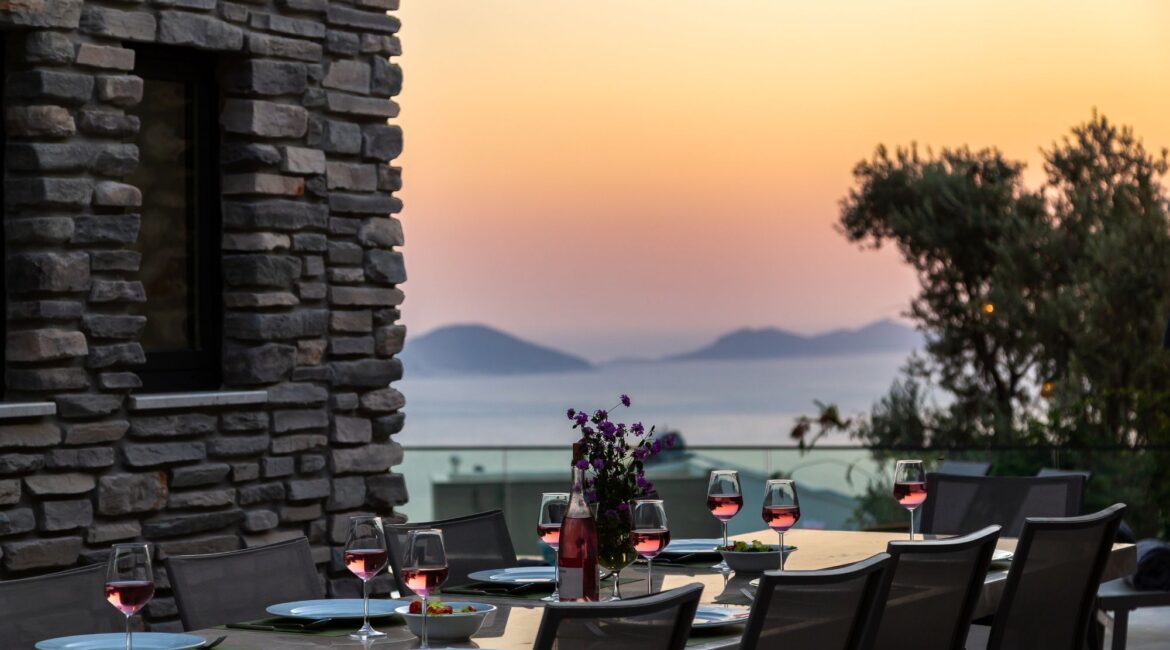 Olive House sunset furnished alfresco dining terrace in Kalkan Turkey