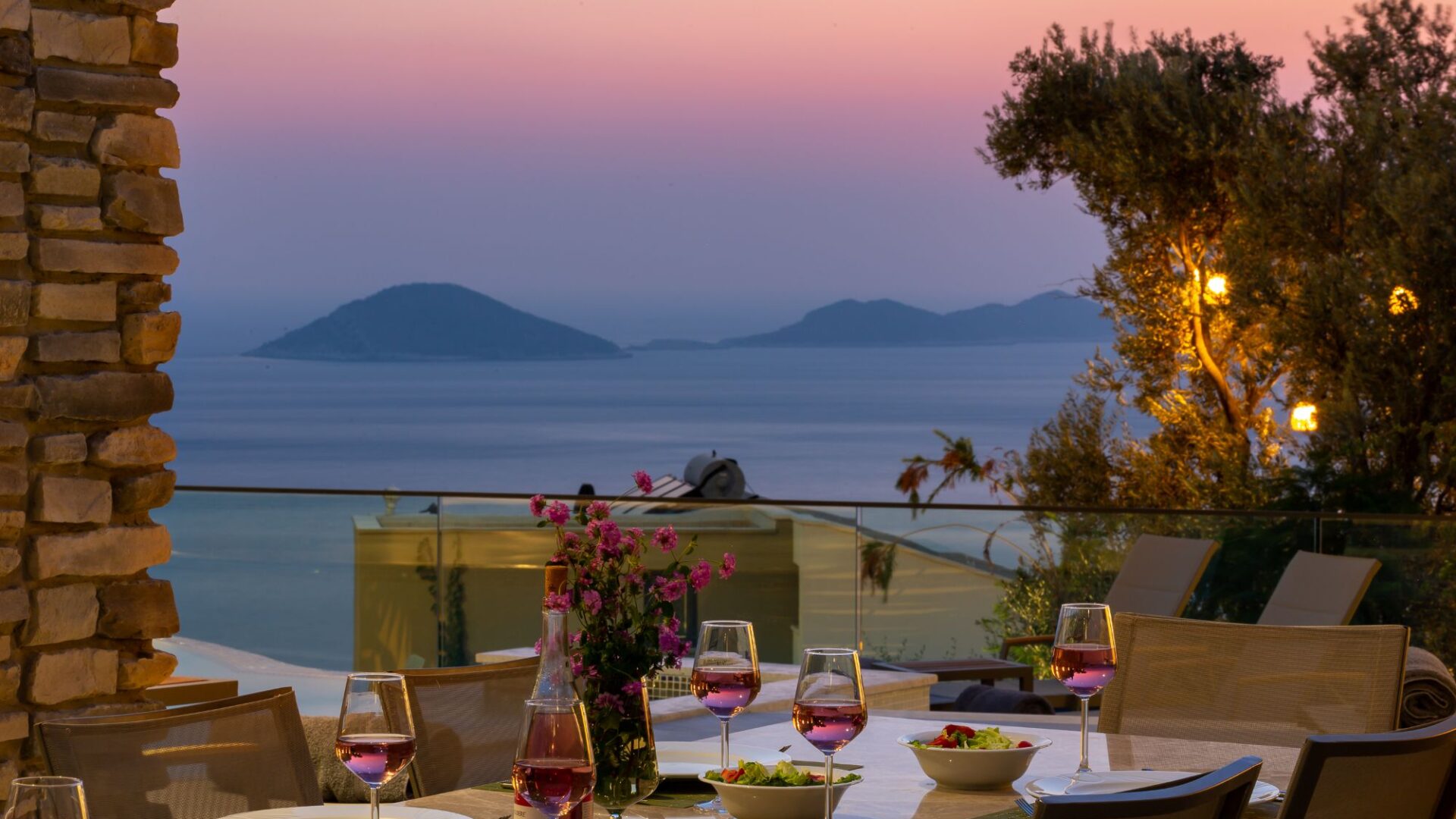 Stunning sunset terraces at the Olive House in Kalamar Bay
