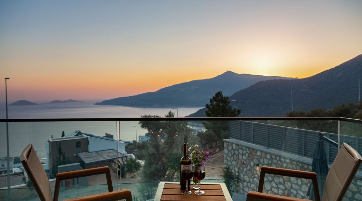 Sunset views on furnished terraces at the Olive House in Kalamar Bay
