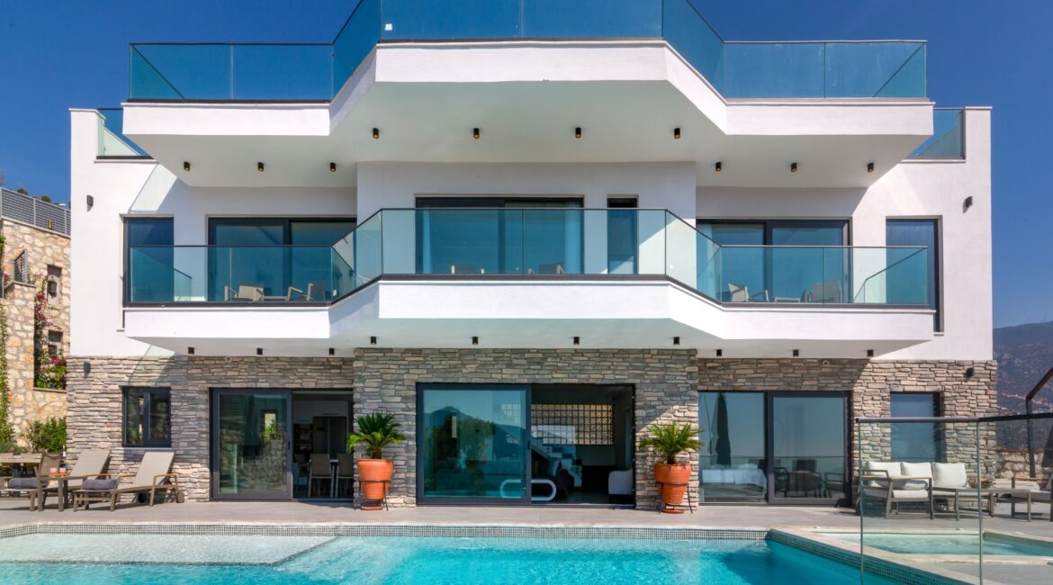 The Olive House modern exterior and swimming pool in Kalamar Bay Turkey