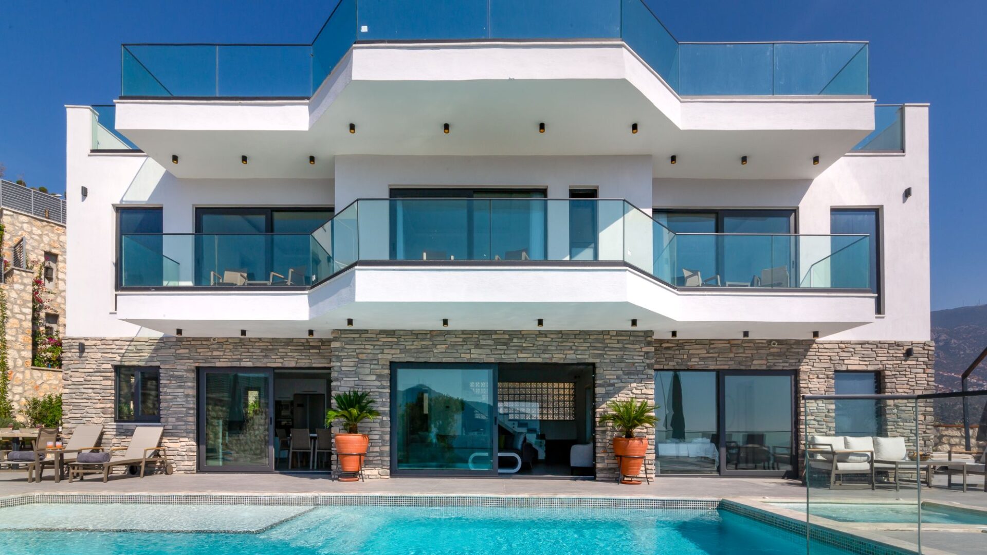 The Olive House modern exterior and swimming pool in Kalamar Bay Turkey