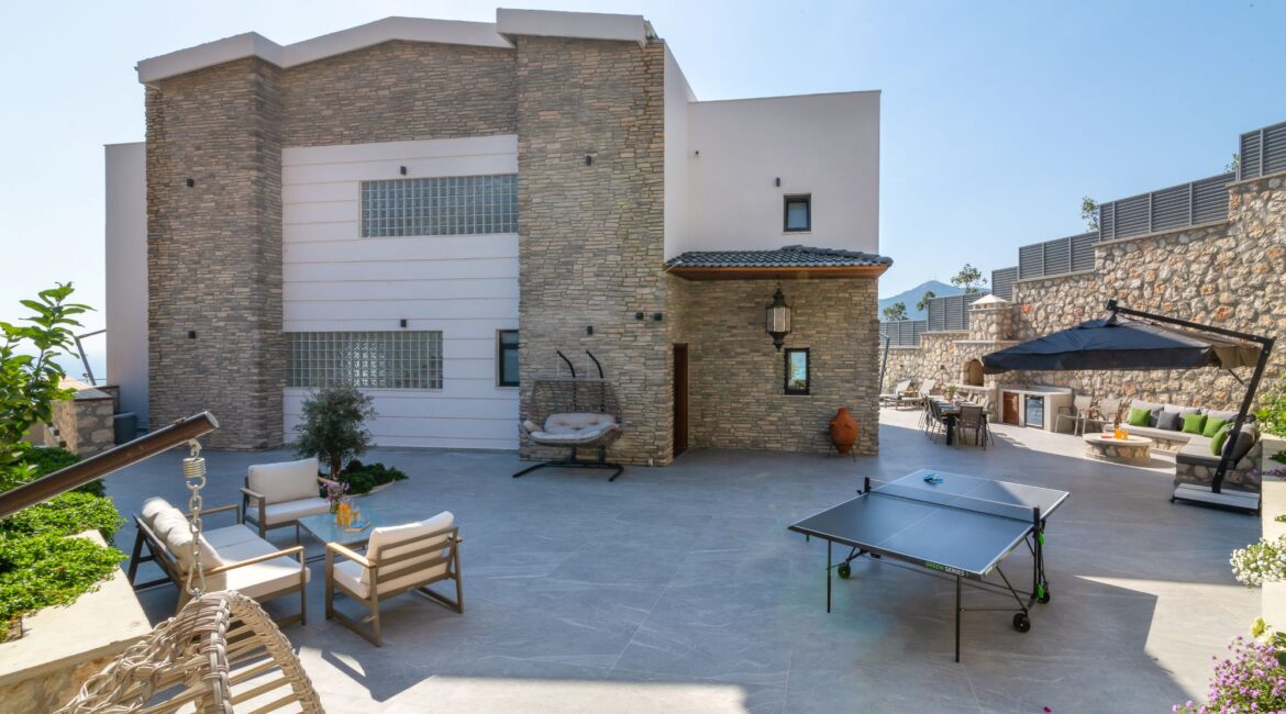 The Olive House rear of the villa furnished terraces and table tennis Kalkan Turkey